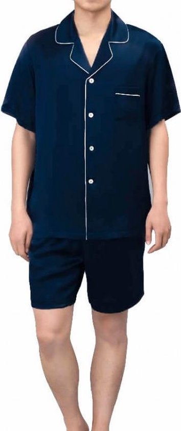 Heren zijden pyjama set (korte mouwen, korte broek), Marine blauw, S |  bol.com