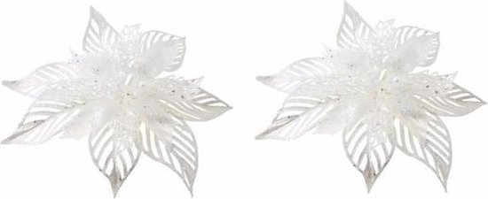 2x Kerstboomversiering bloem op clip witte kerstster 23 cm - kerstfiguren - witte kerstversieringen