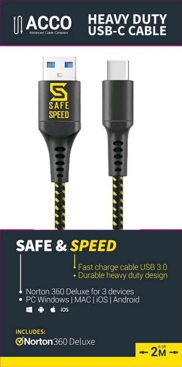 USB-C Charge & Sync Laad Kabel - 2 meter - incl. Norton 360 Deluxe