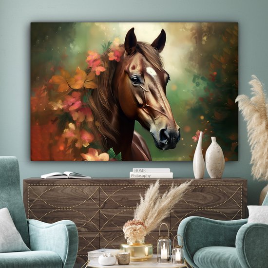 Canvas schilderij 180x120 cm - Wanddecoratie kinderkamer Paard - Bloemen - Natuur - Dieren - Bos - Oranje - Muurdecoratie babykamer - Kamer decoratie voor jongens en meisjes - Baby accessoires - Schilderijen