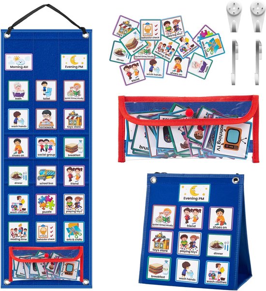 Foto: Kikigoal kids visual schedule kalender grafiek 2 in 1 autisme dagelijkse taak routine grafiek met 70 kaarten autisme leermaterialen kids visueel gedrag tool muurplanner voor thuis school