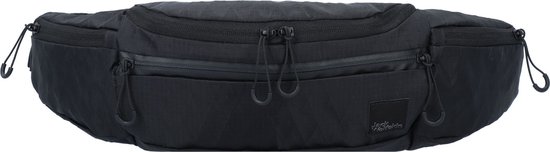 Sac banane noir Jack Wolfskin avec plusieurs fermetures éclair et cordons.