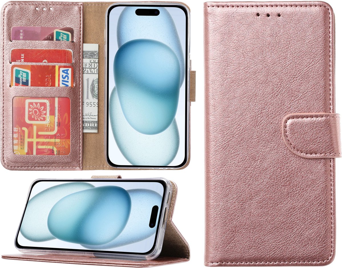 Hoesje geschikt voor iPhone 15 Plus - Bookcase - Pasjeshouder - Kunstleer - Roségoud