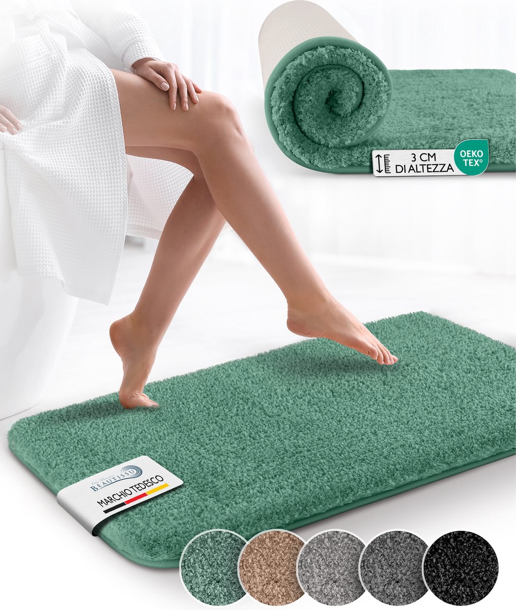 Beautissu BeauMare FL – Badmat Antislip 80x50 cm Groen – Hoogpolig Tapijt – Voor Vloerverw