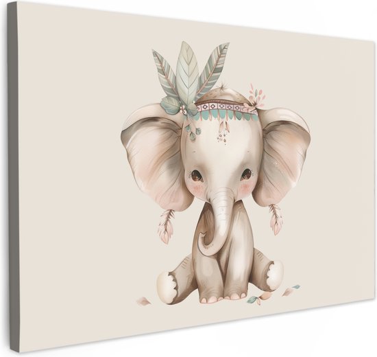 Canvas schilderij 120x80 cm - Wanddecoratie kinderkamer Olifant - Bohemian - Dieren - Boho - Muurdecoratie babykamer - Kamer decoratie voor jongens en meisjes - Baby accessoires - Schilderijen