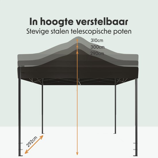 Diagram dat de in hoogte verstelbare poten van een zwarte partytent toont met afmetingen 292cm breed en verstelbare hoogtes van 290cm, 300cm en 310cm.