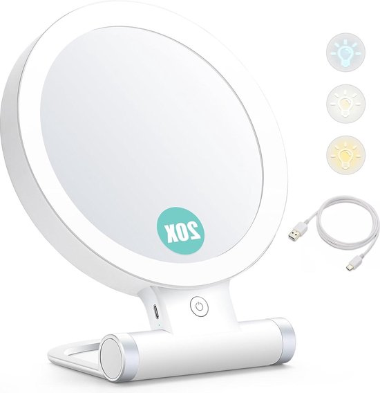 Miroir Grossissant Lumineux Rechargeable - 20x/1x | LED 3 Couleurs | Pliable Et Portable | Blanc