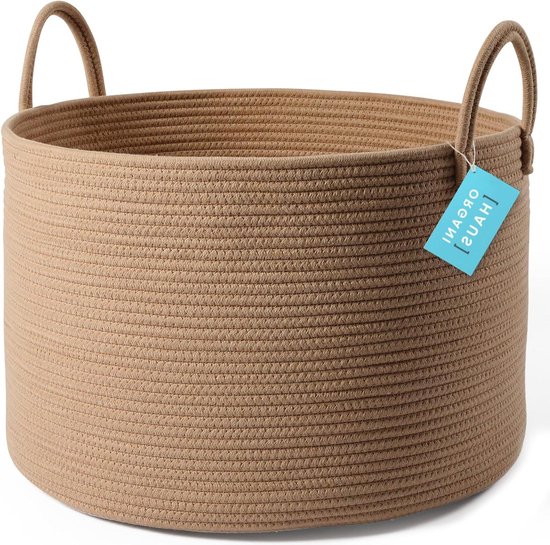 Panier en corde de coton tressé XXL - panier de rangement pour couverture et linge - panier décoratif pour le salon - panier à linge en corde - paniers extra larges - couleur miel (50x33cm)