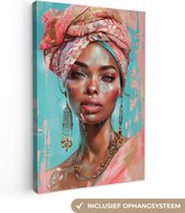 Canvas schilderij 80x120 cm - Wanddecoratie Vrouw - Portret - Blauw - Roze - Modern - Muurdecoratie woonkamer - Slaapkamer decoratie - Kamer accessoires - Schilderijen op canvas