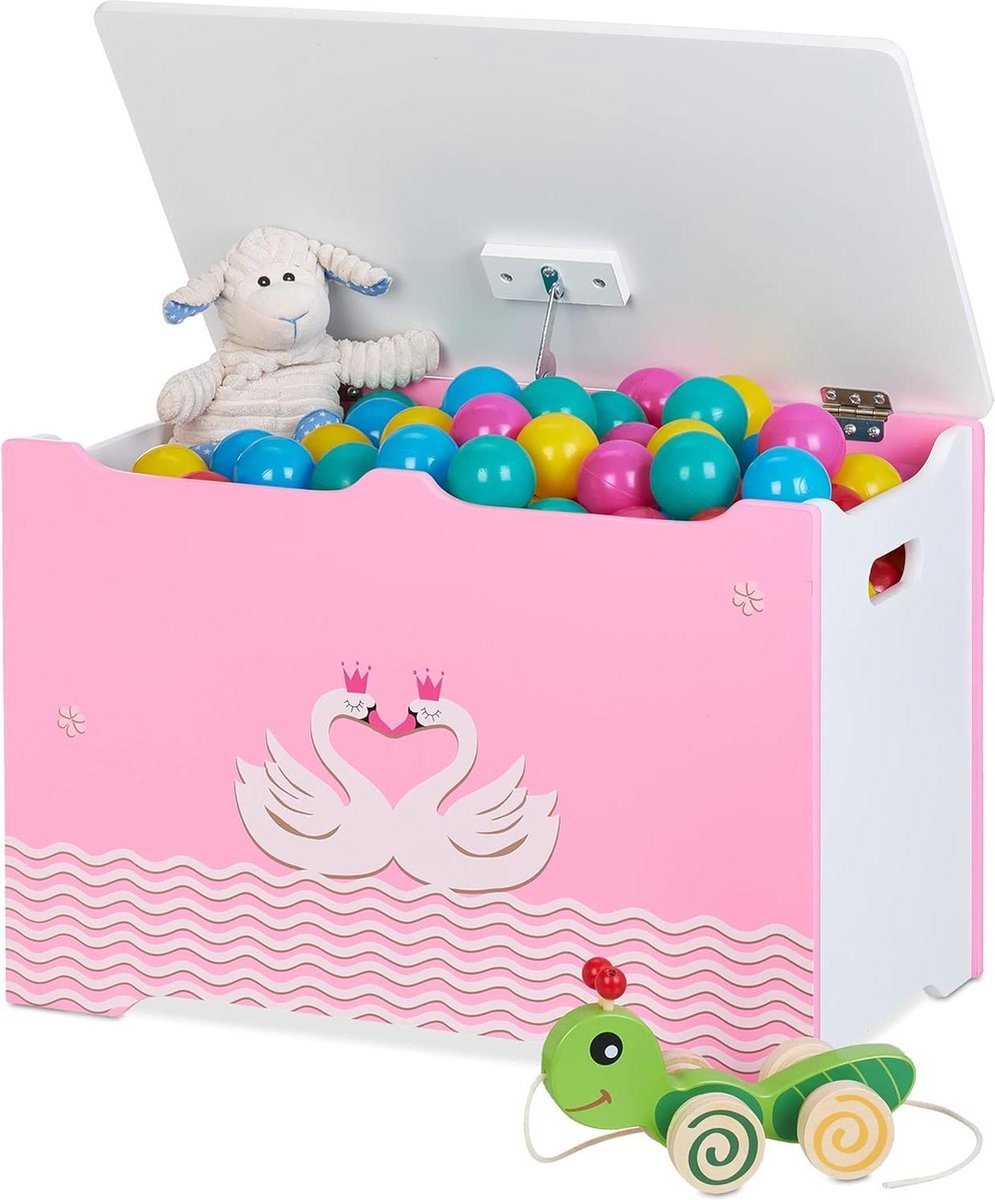 Zwanenprint speelgoedkist opbergkist met deksel 40 x 60 x 34 cm MDF kinderkamer roze wit