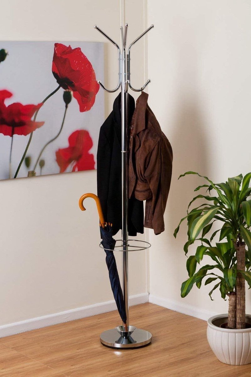 Free Standing Metal Coat Rack met Umbrella Base - 30 x 182 cm - Chrome Steel Finish