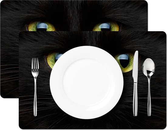 Placemats - 6 stuks - 45x30 cm - Placemat kunststof - Kat - Zwart - Dieren - Natuur - Borden onderleggers - Decoratie voor op tafel - Keuken tafeldecoratie accessoires - Vinyl onderlegger - Tafelversiering