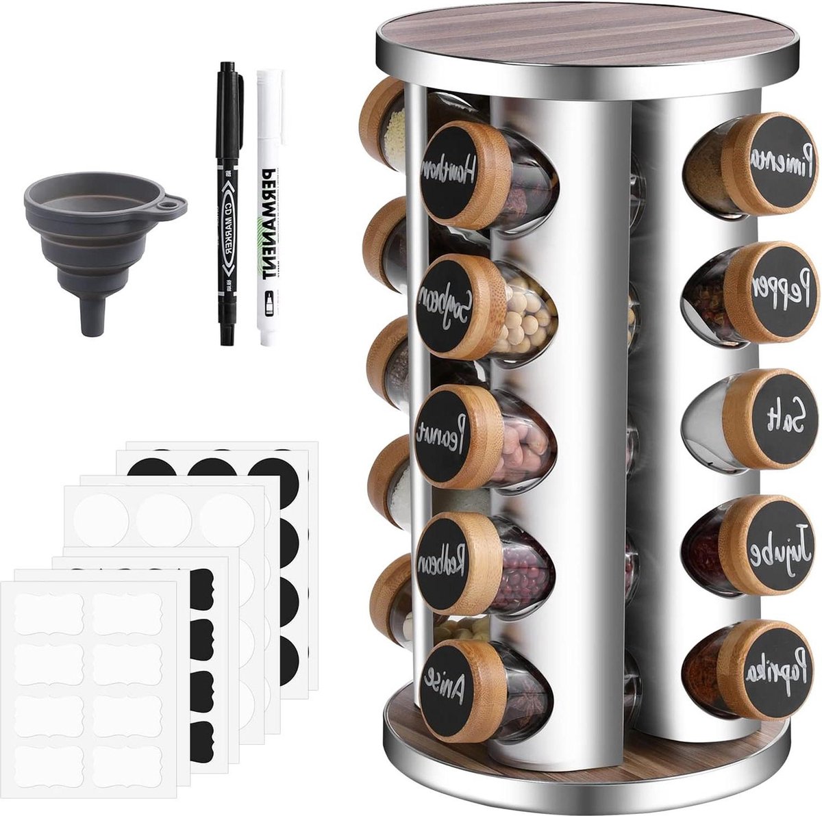 Spice Carousel 20 Bamboo Spice Jars 360° Rotating Wooden Spice Stand Spice Holder with Sprinkle Insert Modern Decorative Spice Rack