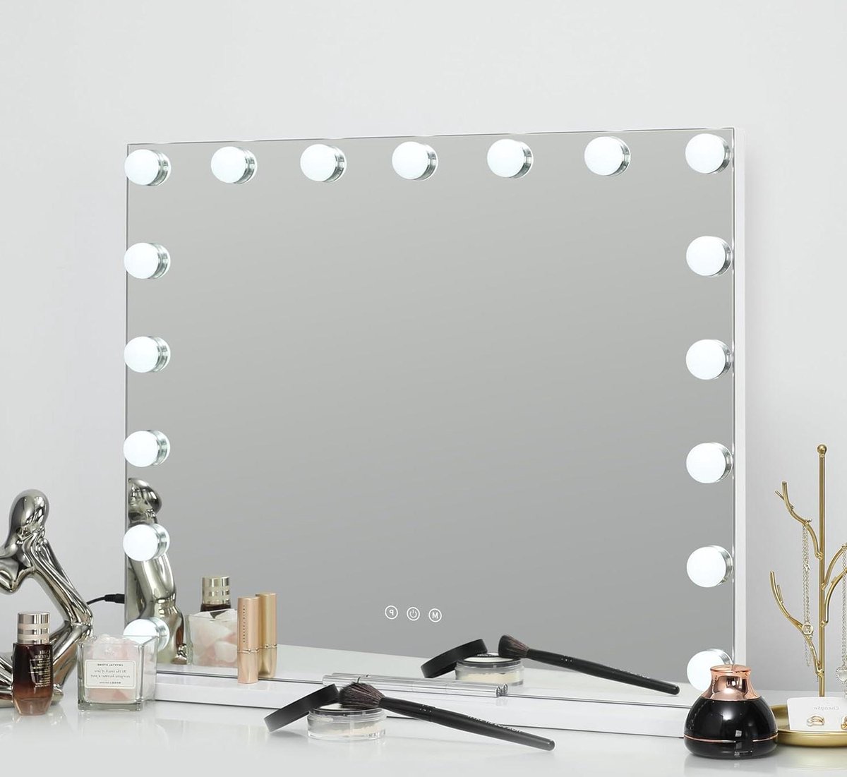 Hollywood make-upspiegel met verlichting - Grote verlichte make-upspiegel - 17 dimbare gloeilampen - Tafelstandaard of wandmontage - 3 gekleurde lampen - Wit - 60 x 50 cm