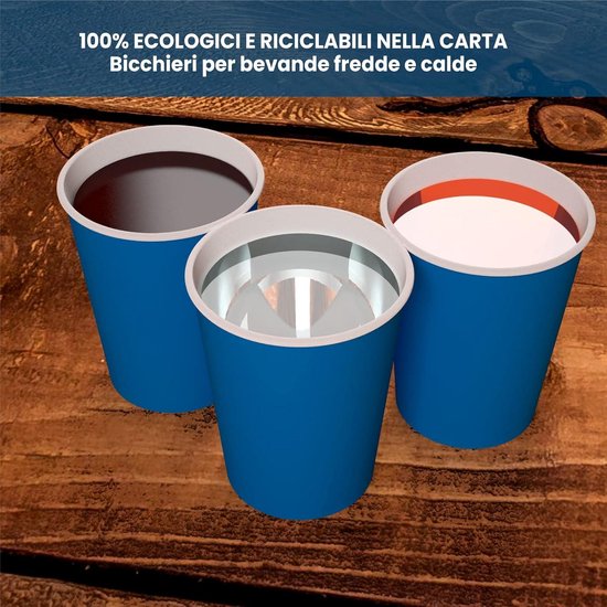 100 papieren glazen, blauw, 200 ml, milieuvriendelijk en biologisch afbreekbaar, wegwerpglas per afvoer, hittebestendig, hoogwaardig karton, koude dranken, warme dranken, koffie, CAPPUCCINO