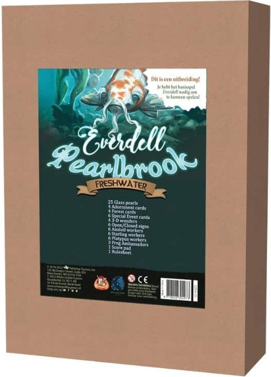 De doos van de Everdell Pearlbrook Freshwater uitbreiding, met een illustratie van een vis en waterplanten.