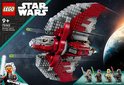 Doos van LEGO Star Wars 75362 Ahsoka Tano's T-6 Jedi Shuttle. Rood met grijze shuttle met planeten op de achtergrond. Figuren Ahsoka Tano, Sabine Wren, Professor Huyang en Marrok.