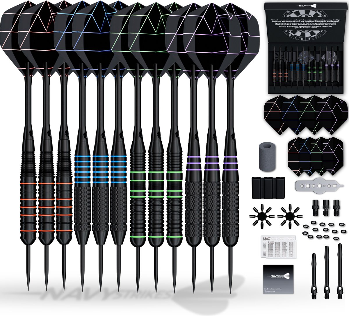 Navy Strikes Dartpijlen Set 24 Gram - 108 Delige Set - 12 Dartspijlen - 4 Soorten Grip - Flights Darts en Dart Shafts - Darten - Incl Add-a-Gram 25 Gram