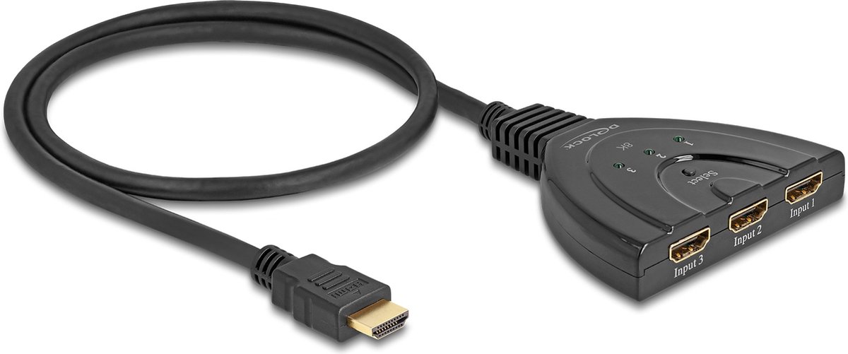Delock HDMI Switch 3 x HDMI in to 1 x HDMI out 8K 60 Hz with integrated cable 60 cm