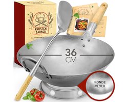 KRUSTENZAUBER 36 cm wokpan inductie platte bodem - Traditionele stalen wok met wokdraaier en wokring - Wok inductie, elektrisch, gas fornuis