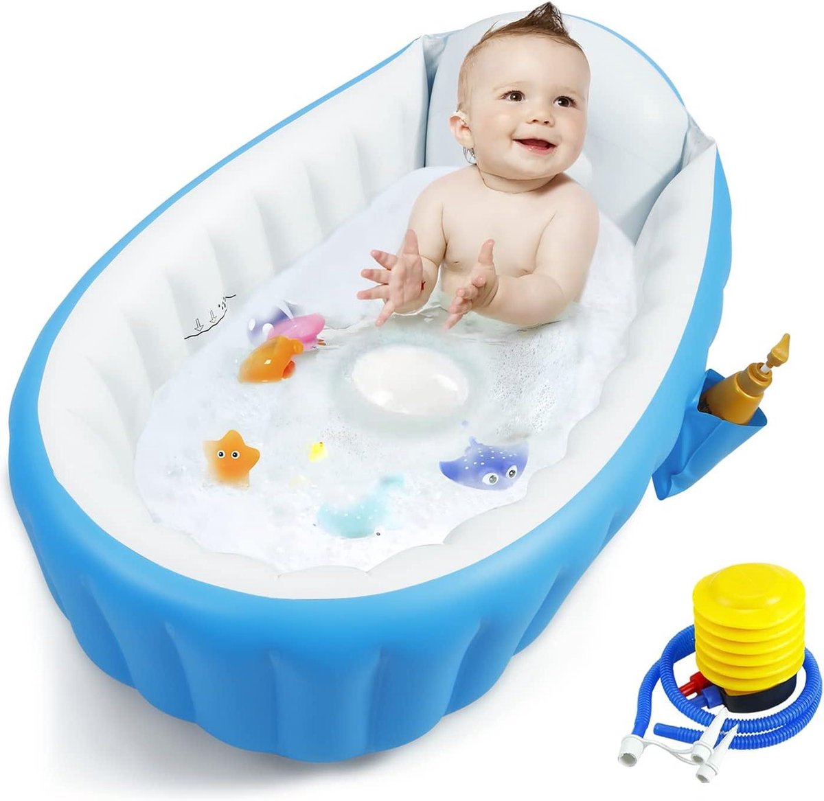 Peuter zwembad met glijbaan Opblaasbare babybadkuip draagbare reisbabybadkuip voor baby's luchtpomp opvouwbaar antislip douchebak mini-luchtzwembad voor pasgeborenen blauw Peuter zwembad met glijbaan