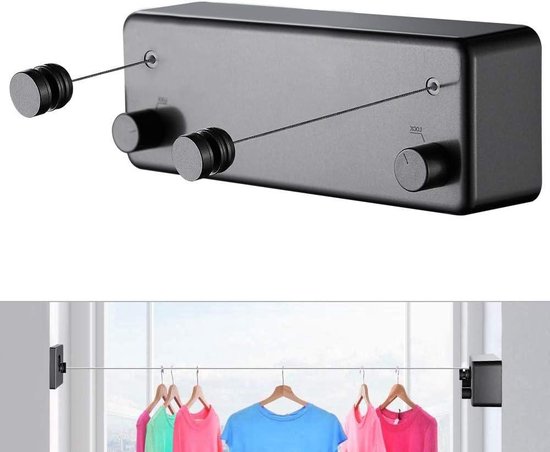 Indoor/Outdoor Retractable Clothesline - 15 Ft Stainless Steel, Wall-Mounted, Heavy Duty Non-Sagging Drying Line (Black)