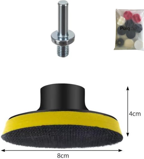 Polijstpad met gele rand, 8cm breed en 4cm hoog, met schroefadapter en zakje met kleine polijstpads.