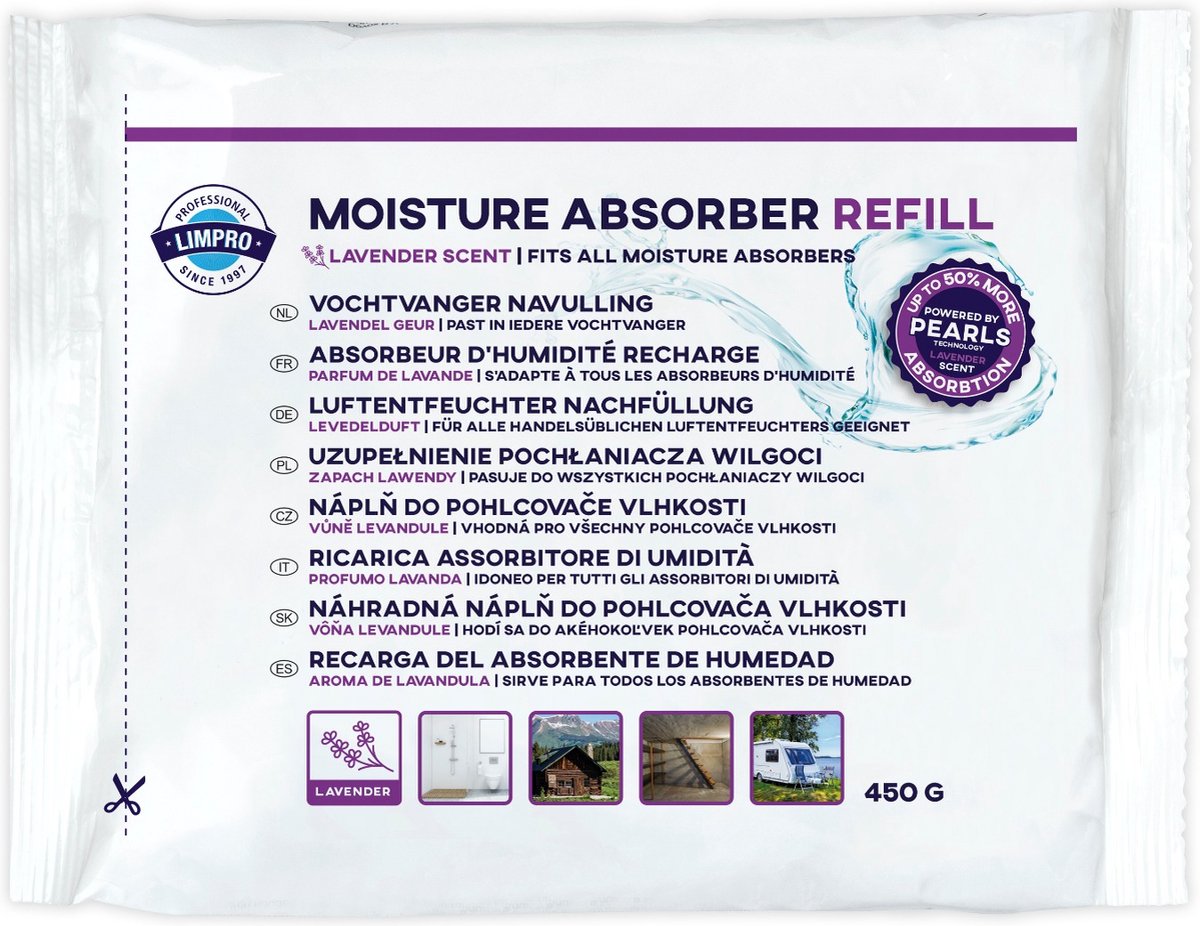 Limpro Vochtvanger navulling - 1 stuk - 450 gram - lavendel - Pearls - neemt tot 50% meer vocht op