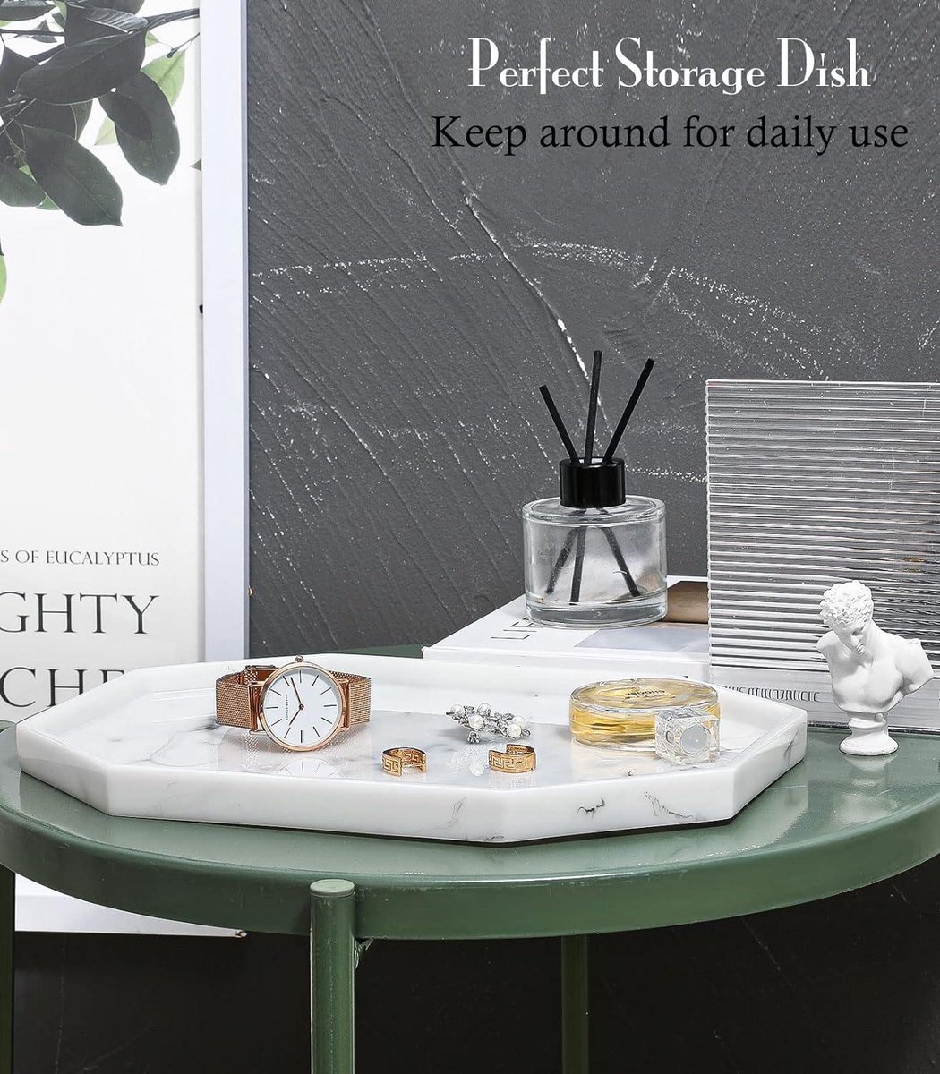 Plateau De Vanité Octogonal En Résine - Marbre Vert - Pour Ranger Cosmétiques, Parfums, Savon - 20 X 14 Cm - 5