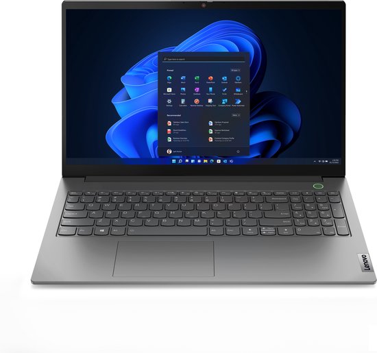 Grijze Lenovo ThinkBook 15 G4 laptop met een open startmenu en Intel chip.