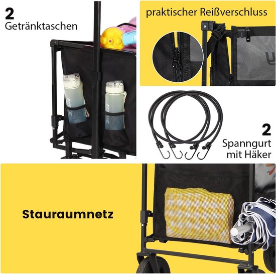 Sekey XXL Opvouwbare Bolderwagen 160L 150KG draagvermogen geschikt voor ruw terrein - strand kamperen winkelen - met rem - XXL-winnaar 3011 Zwart Grote handwagen — afbeelding 5