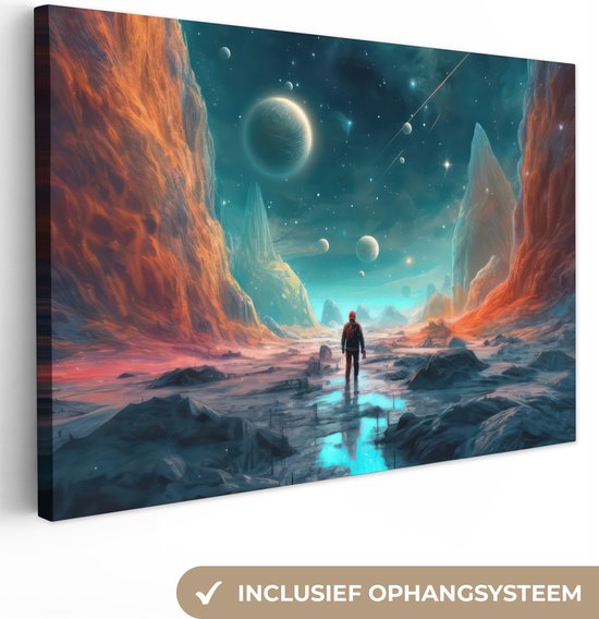 Foto: Canvas schilderij 150x100 cm wanddecoratie bergen ruimte planeten astronaut muurdecoratie game room gaming kamer decoratie gameroom accessoires schilderijen