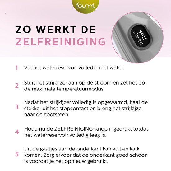Zelfreinigingsinstructies voor strijkijzer met de knop 'self clean'.
