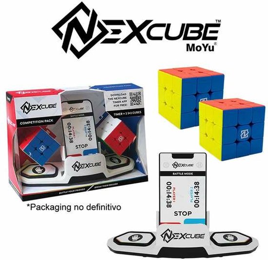 Nexcube competitiepakket in verpakking met twee speedcubes (geel/blauw en rood/wit) en een witte dubbele timer.
