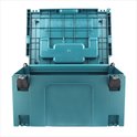 Een turquoise Makita gereedschapskoffer, geopend, met witte 'Makita' logo's op de binnenkant van het deksel en zwarte sluitingen.