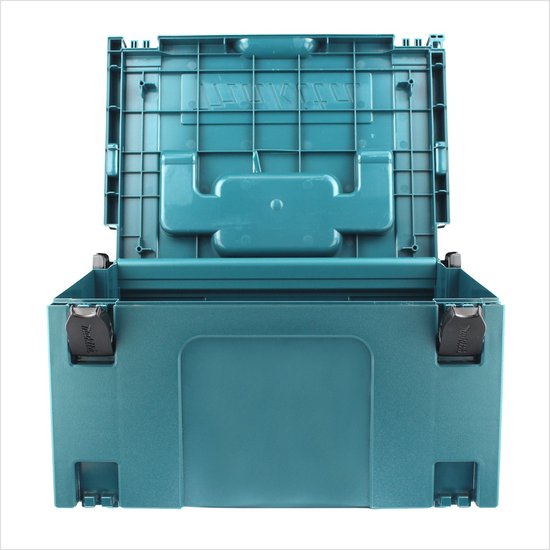 Een turquoise Makita gereedschapskoffer, geopend, met witte 'Makita' logo's op de binnenkant van het deksel en zwarte sluitingen.