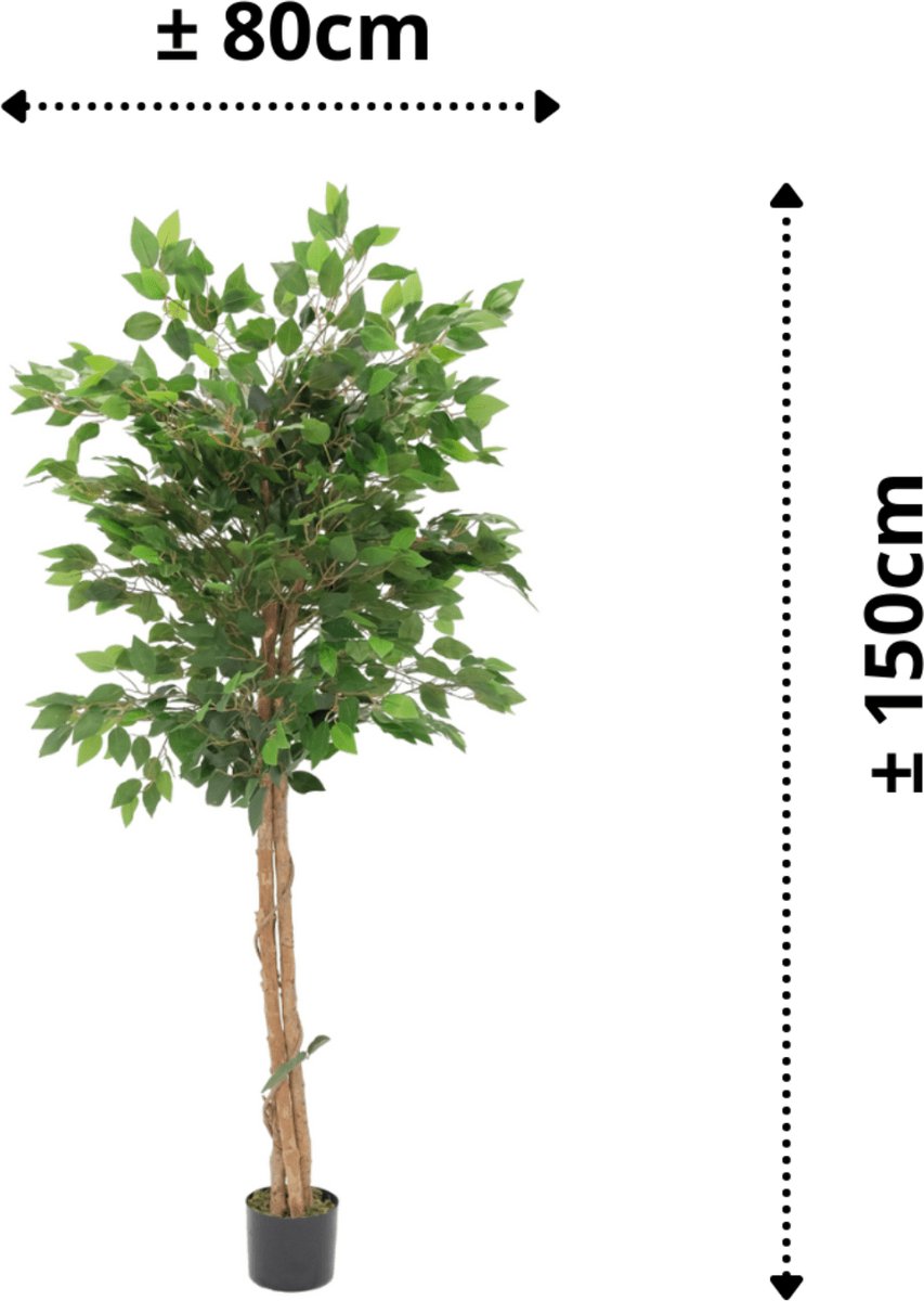 Ficus Kunstboom 150cm | Ficus Kunstboom met stam | Ficus Kunstboom voor Binnen | Ficus Kunstplant Groen met stam