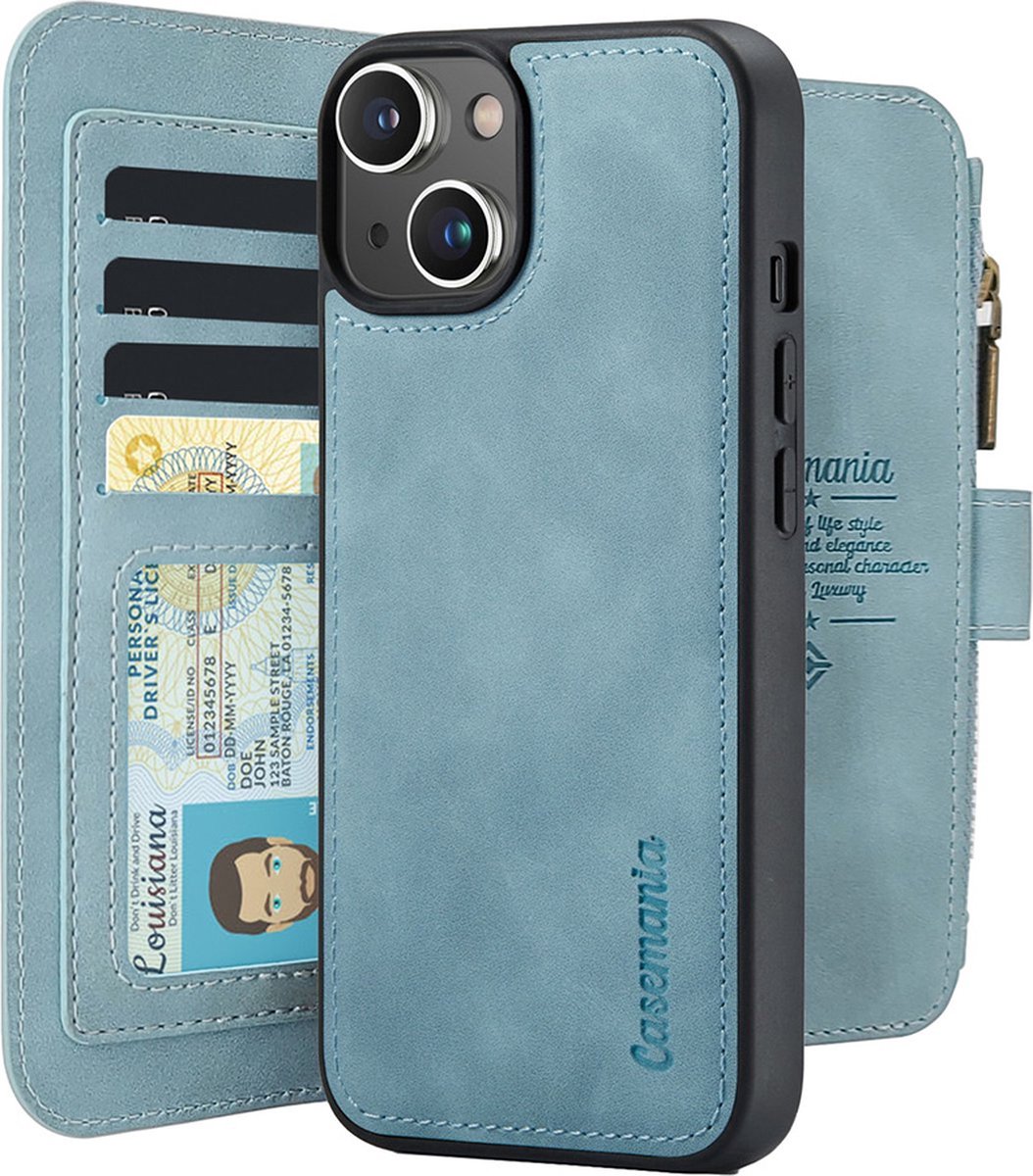 CaseMania Bookcase hoesje geschikt voor iPhone 15 Plus - Effen Aqua - Kunstleer - Portemonnee met 14 Vakjes voor Pasjes en Ritsvak