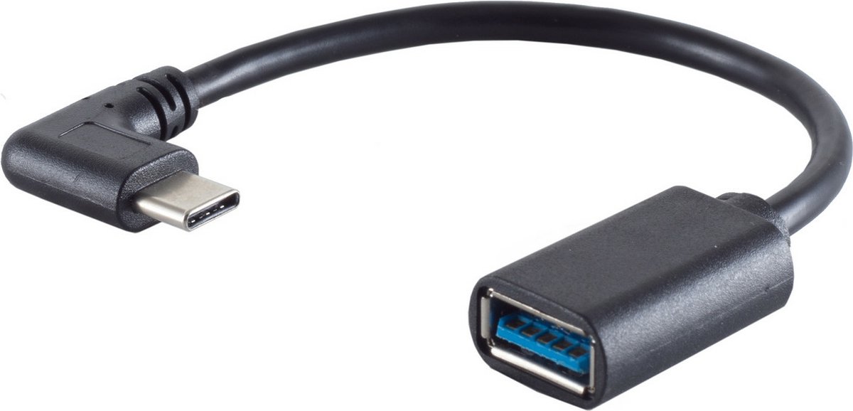 USB-C (m) haaks (links/rechts) - USB-A (v) adapter - USB3.0 / zwart - 0,15 meter