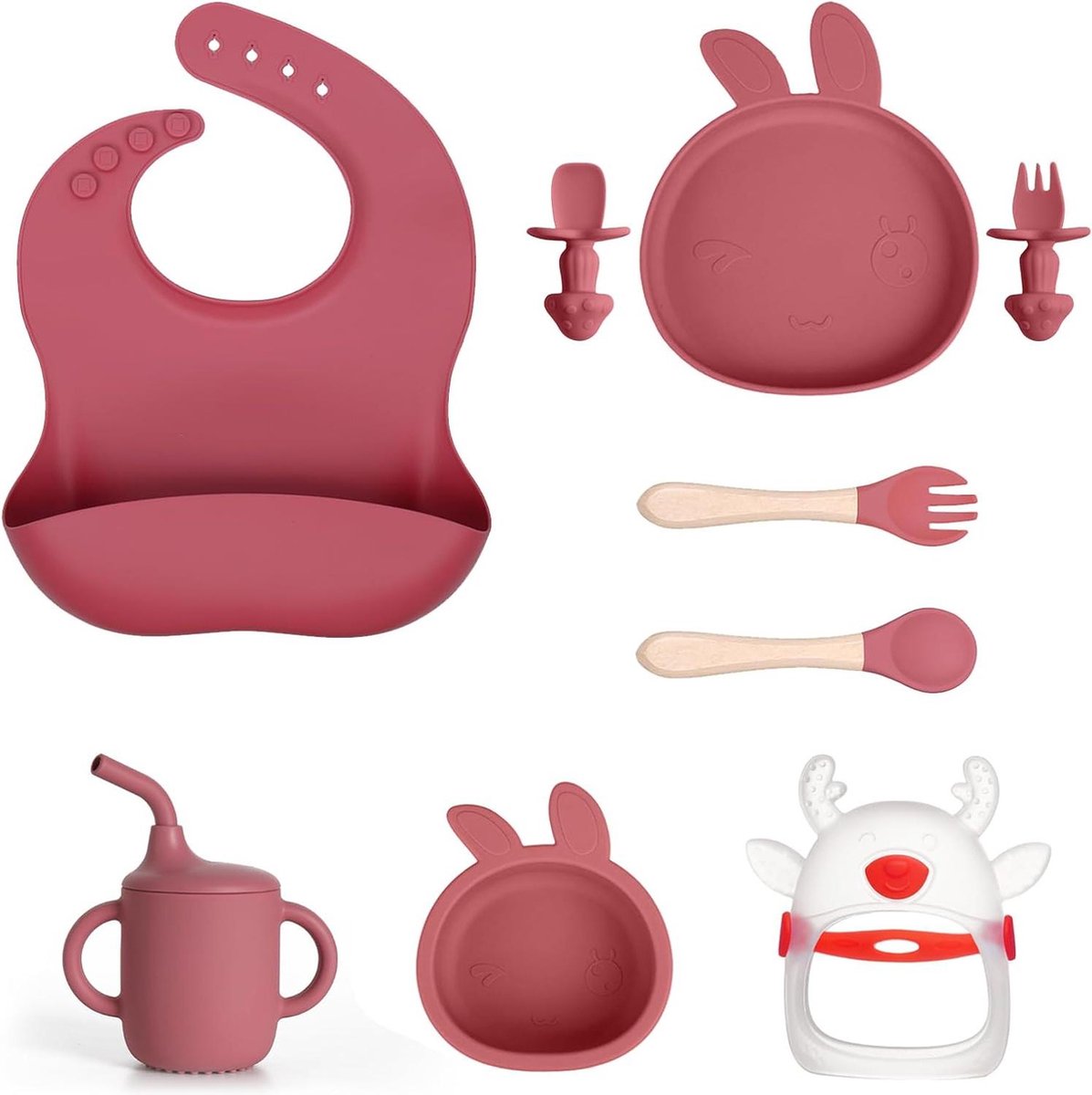 Image of 6 stuks siliconen kinderservies set met babyslabbetje en zuignap - roze 1