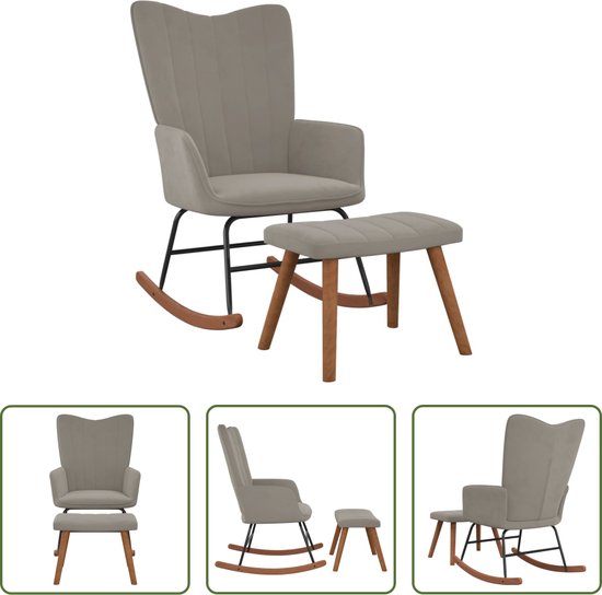 The Living Store Rocking chair avec repose-pieds - Fauteuil relax et repose-pieds - Gris clair - Velours