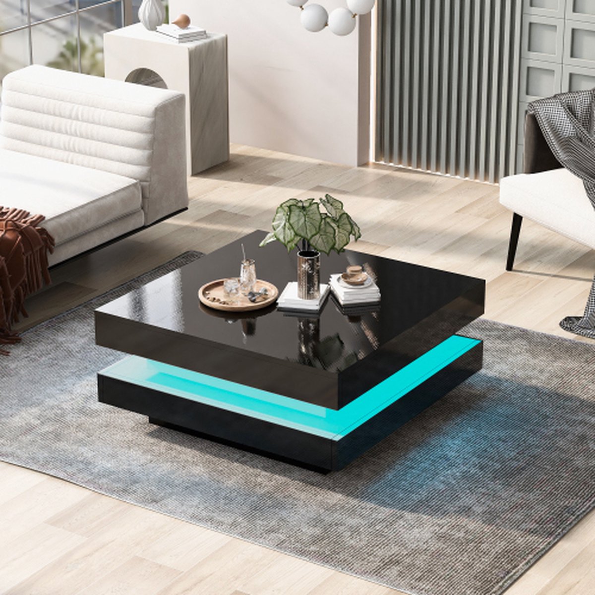 Vierkante salontafel in zwart, moderne technologische stijl met 16-kleuren LED verlichting, 70x70x36 cm, max. lading 30 kg
