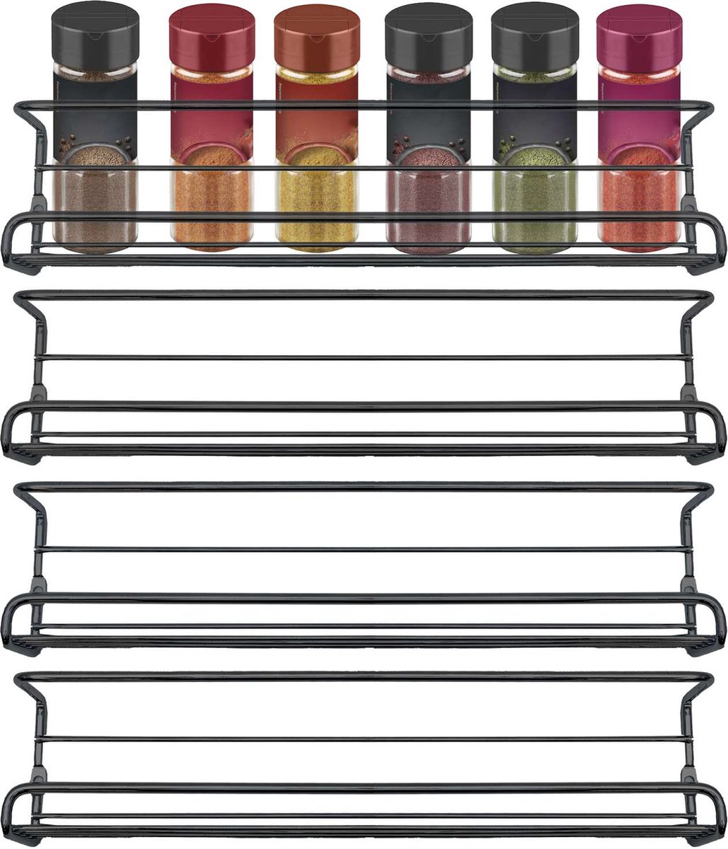 Intirilife Kruidenrek Set zonder boren, 4 hangende rekken van Zwart Ijzer - 29.2 x 6.2 x 6.8 cm - Wandmontage met zelfklevende haken of schroeven, Kruidenhouder, Opslag, Keukenrek