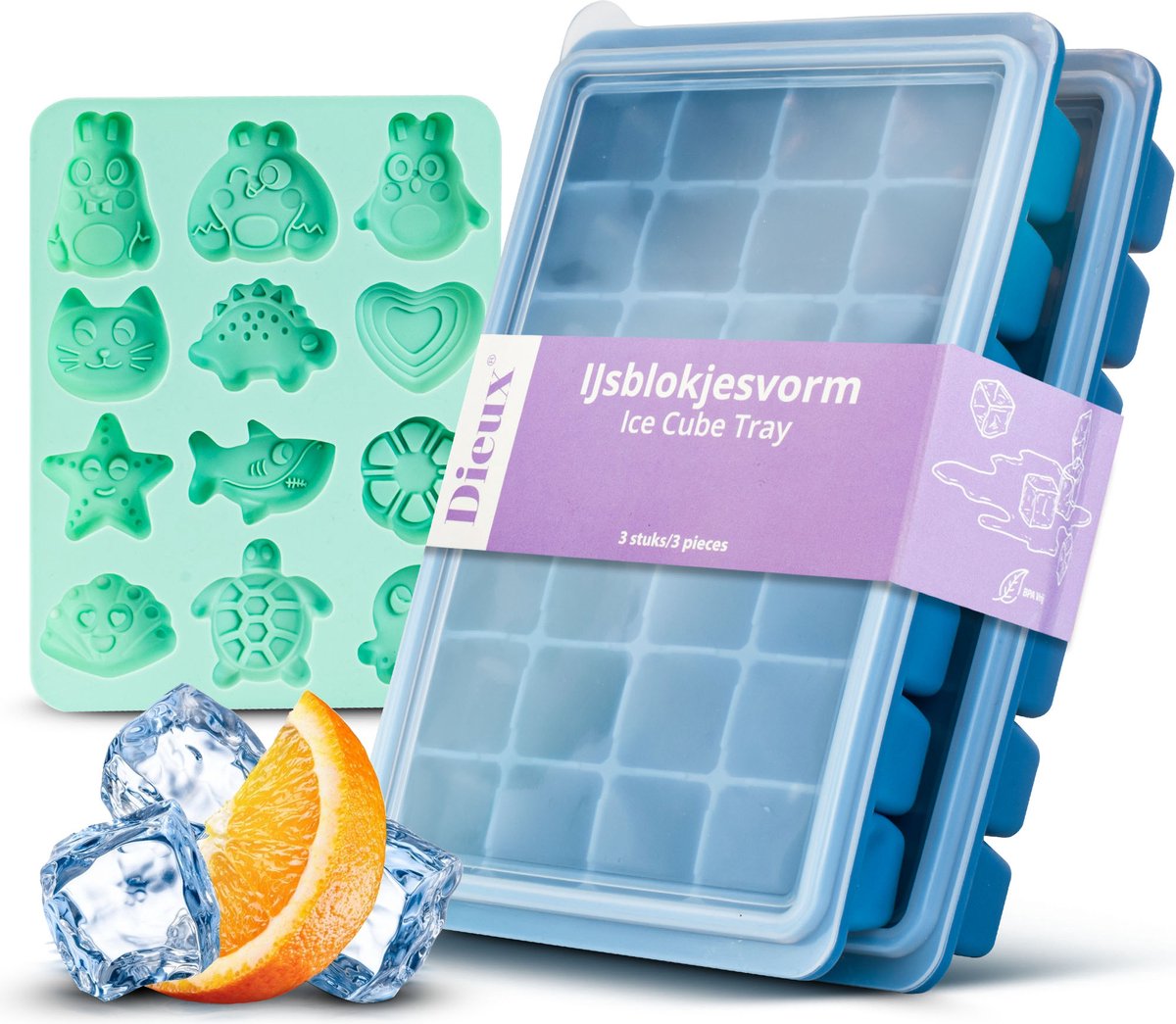 Dieux - IJsblokjesvorm Set - IJsvormpjes - 3 Stuks - BPA Vrij - IJsblokjesvorm met deksel - Silicone - IJsblokjes