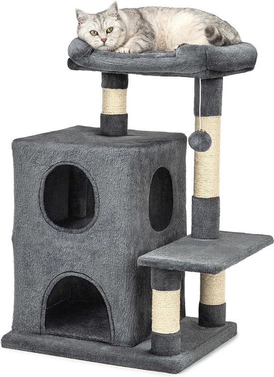 Petrebels Krabpaal voor kleine katten en senioren, villa, 100 cm hoog, premium kwaliteit krabpaal klein, kleur grijs