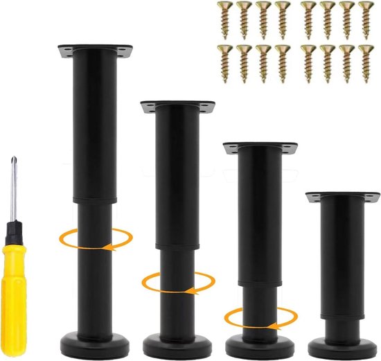 LJMbed 4 stuks metalen meubelpoten, in hoogte verstelbaar set 25 cm - 42 cm, verstelbare stalen bedpoten, vervangingssteunpoten, tafelpoten voor meubels, sofa, bed. (Zwart, 18 cm - 31 cm