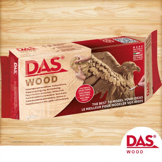 DAS WOOD houtklei, lucht-hardend, verpakt in rode doos met afbeelding van een houten adelaar.