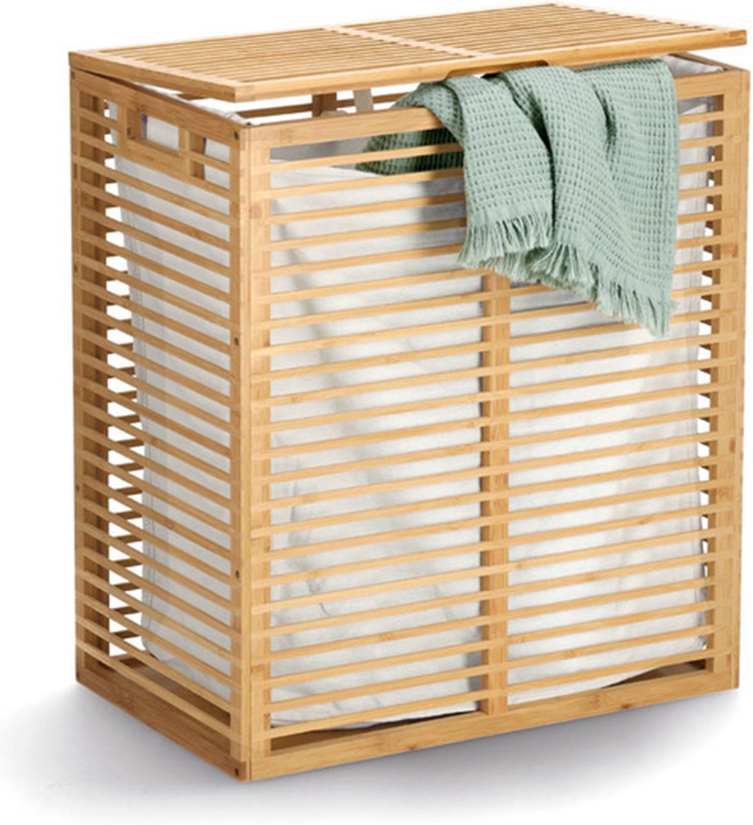 Goedkoopste Zeller Wasmand/kist - bamboe/katoen - met deksel en canvas waszak - naturel - 53 x 33 x 61 cm