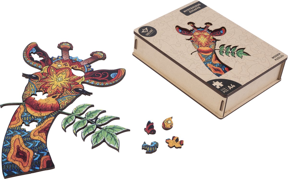 Houten Puzzel Giraf – 113 Unieke Puzzelstukjes – A4 Formaat Houten Legpuzzel – Dieren Puzzelspel – Educatief Denkspel – Inclusief Opbergetui – Engelhart — afbeelding 2