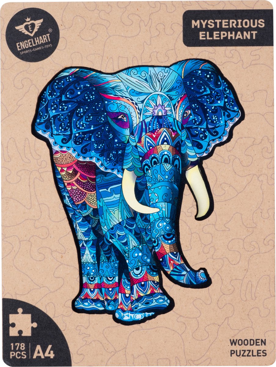 Houten Puzzel Olifant – 178 Unieke Puzzelstukjes – A4 Formaat Houten Legpuzzel – Dieren Puzzelspel – Uitdagend Denkspel – Inclusief Opbergetui – Engelhart — afbeelding 8